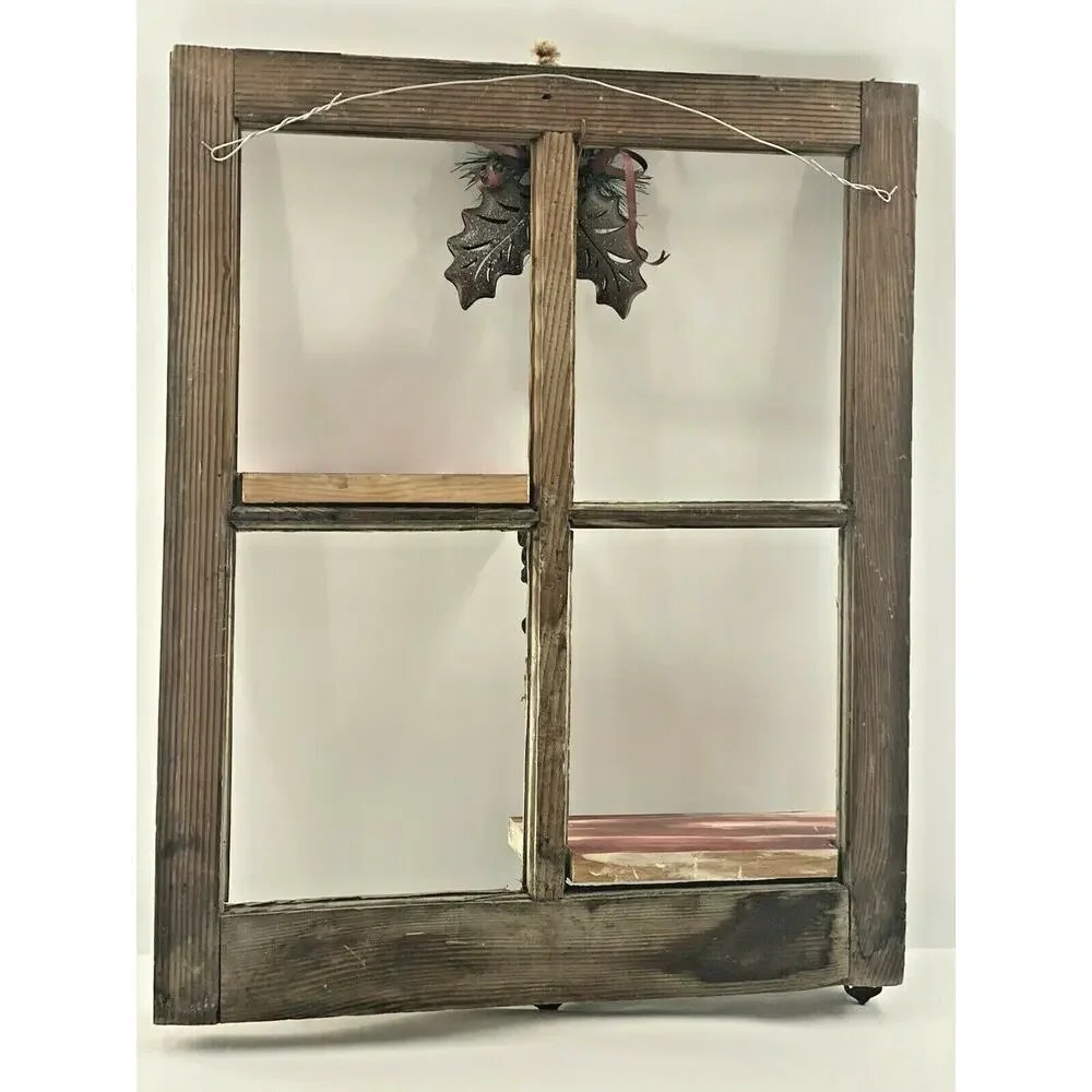 Vintage Red Barn Wood 4 Pane Window Wall Shelf Christmas Hollyberry Shadow Box